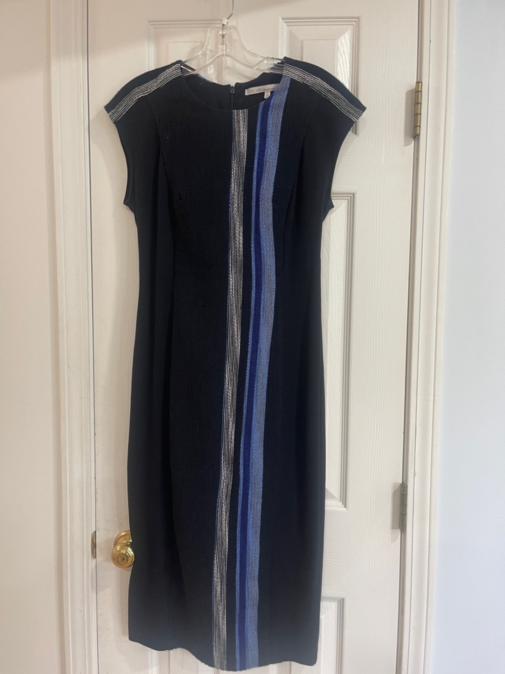 RACHEL Rachel Roy Black Midi Dress with Blue and Silver Stripes